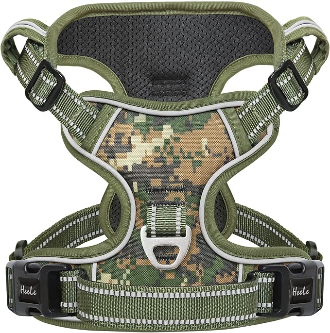 HEELE Dog Harness, No Pull Adjustable Padded Reflective Harness for Small Medium Large Dogs with Handle for Walking Training, Camo Green, M