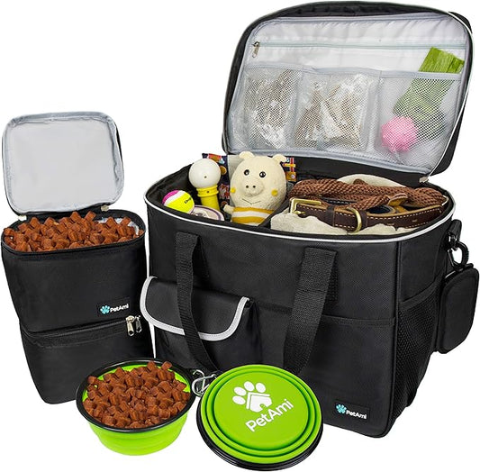 PetAmi Dog Travel Bag - Organizer with Food Container, Bowls & Accessories for Weekend Camping, Cat Diaper Bag (Black, Large)