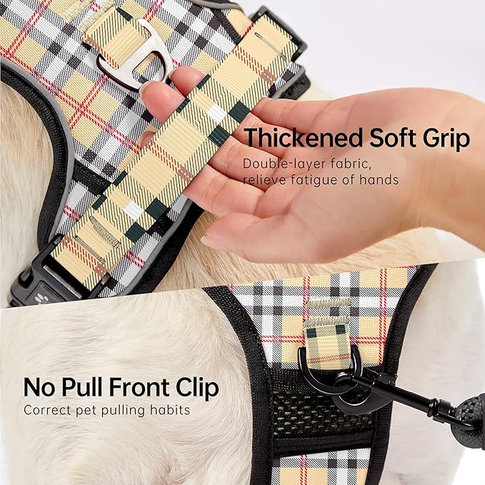 NESTROAD No Pull Dog Harness with Leash, Reflective No Choke Pet Vest Harness,Adjustable Soft Padded Dog Harness with Easy Control Handle for Large Dogs(Checkered Beige,Large)