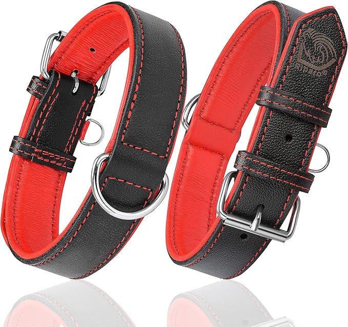 Riparo Adjustable Leather Dog Collar - Heavy Duty Wide Dog Collar for Small, Medium, Large and Extra Large Dogs with Dog Tag Holder (L: 1.5" Wide for 17"-21" Neck, Black/Red Thread)