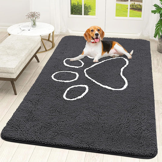 OLANLY Door Mat for Muddy Dog Paws 70x46, Ultra Absorbent Chenille Mud Doormat with Paw Print Design, Non-Slip Washable Doormat for Indoor Entryway, Quick-Dry Pet Bed Mats for Dirty Dogs, Dark Grey
