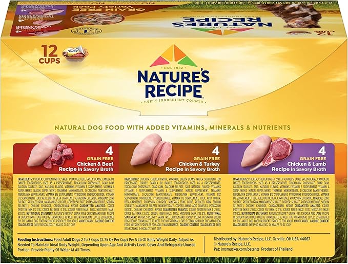 Nature's Recipe Grain Free Wet Dog Food Variety Pack, Chicken & Beef Recipe, Chicken & Turkey Recipe and Chicken & Lamb Recipe in Savory Broth, 12-2.75 oz. Cups, 2 Count