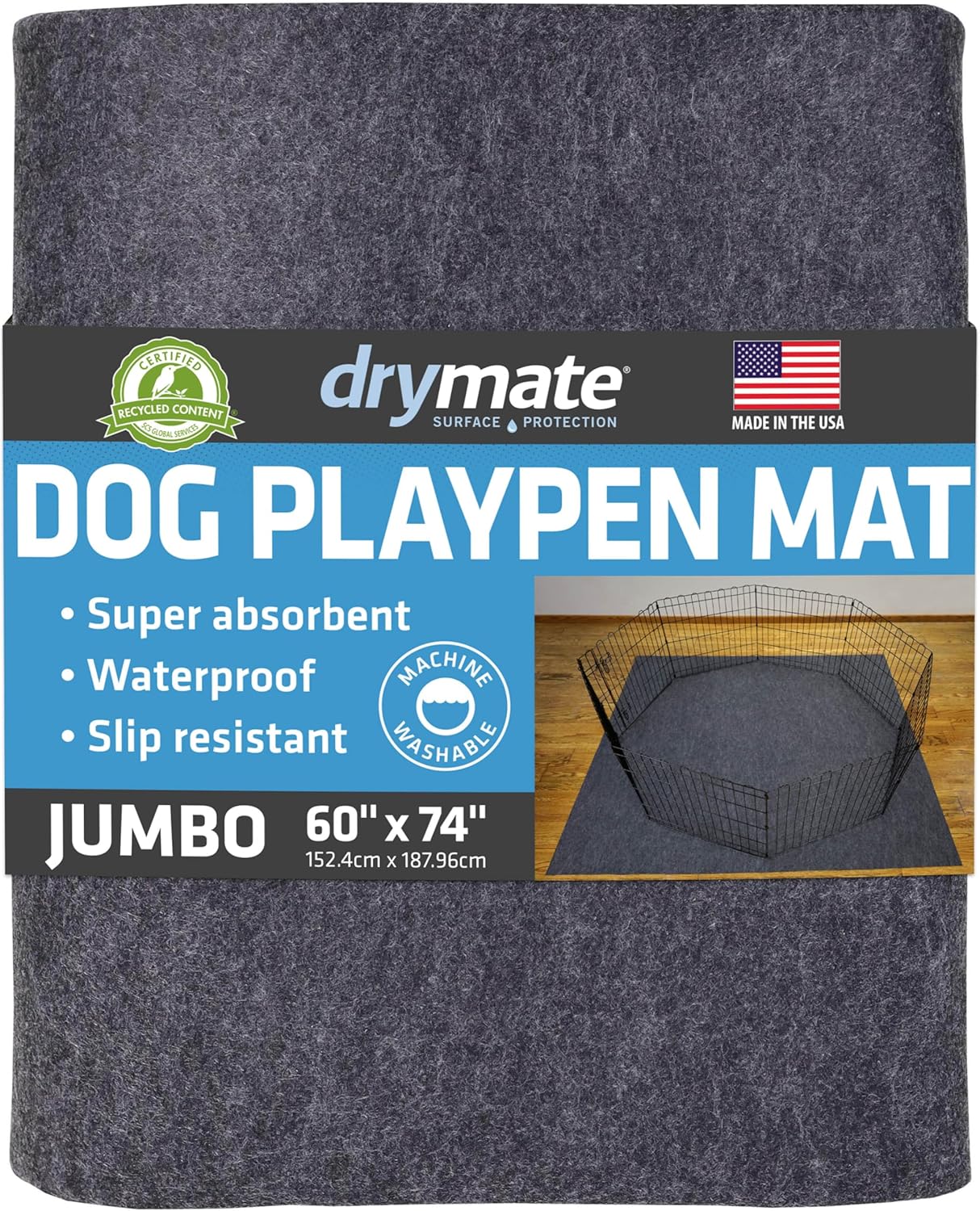 Drymate Jumbo Dog Playpen Mat (60x74), Super Absorbent, Waterproof, Slip-Resistant, Machine Washable, Reusable Puppy Pad for Training, Whelping, Housebreaking, Incontinence, Crate, Kennel (USA Made)