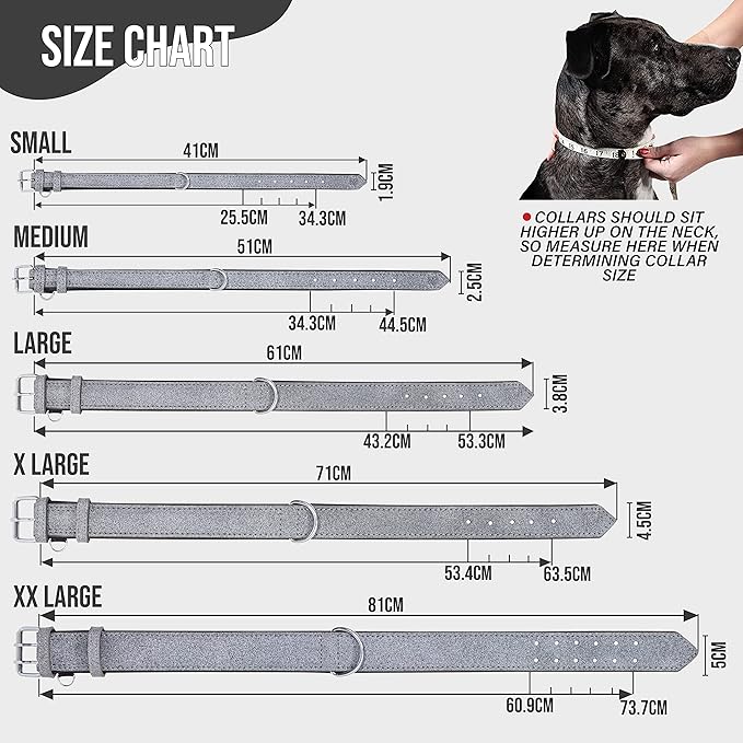 Riparo Adjustable Leather Dog Collar - Heavy Duty Wide Dog Collar for Small, Medium, Large and Extra Large Dogs with Dog Tag Holder (L: 1.5" Wide for 17"-21" Neck, Gray/White Thread)