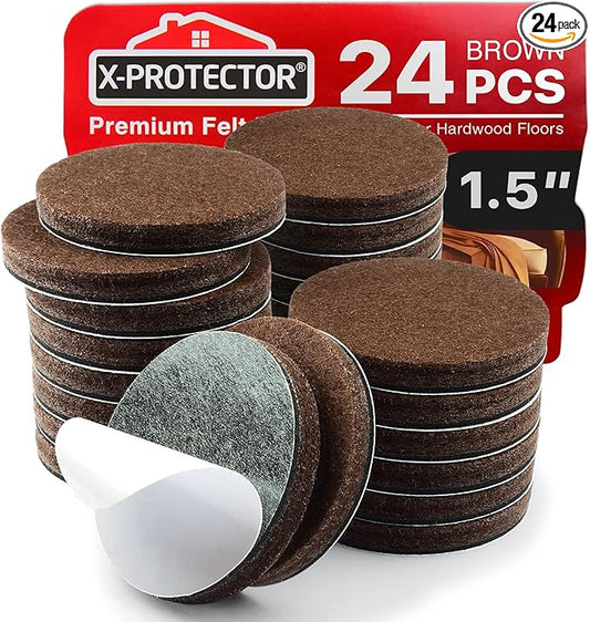 24 Heavy-Duty Felt Furniture Pads 1.5” 1/4” Thick X-Protector! Round Felt Pads for Furniture Feet - The Best Felt Floor Protectors for Furniture to Prevent Scratches. Protect Your Hard Floor! (Brown)