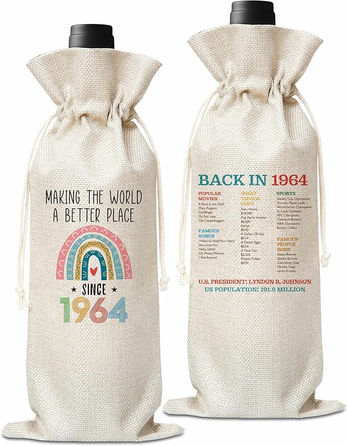 60th Birthday Gift For Women Men, Back In 1964 Birthday Wine Bag, Boho Rainbow Birthday Party Decoration Wine Bag Gifts, Happy 60th Birthday Decor For Mom Dad Grandma Grandpa, A05