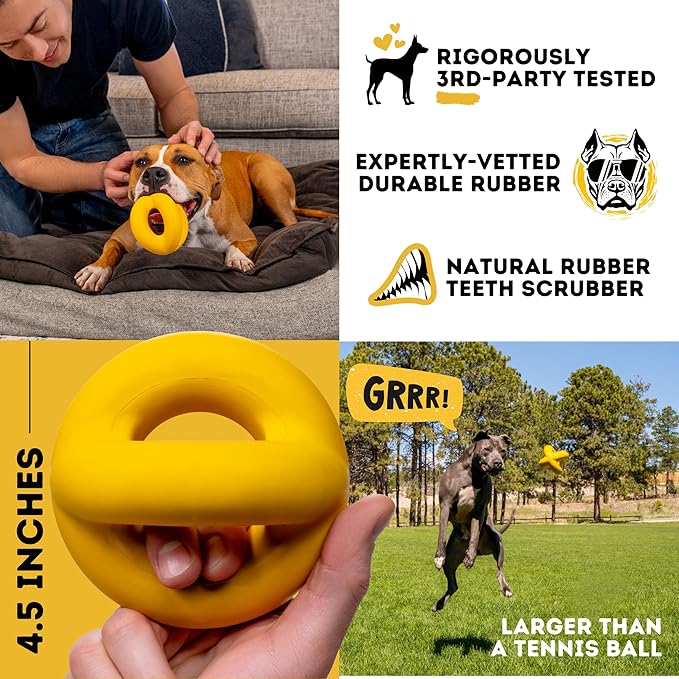 Indestructible Dog Ball - Lifetime Replacement - Durable Dog Toy for Aggressive Chewers - Safe, Non-Toxic Natural Rubber - Chew, Tug & Fetch - Tough, Heavy Duty Chew Toy - 4” (Softball Size)