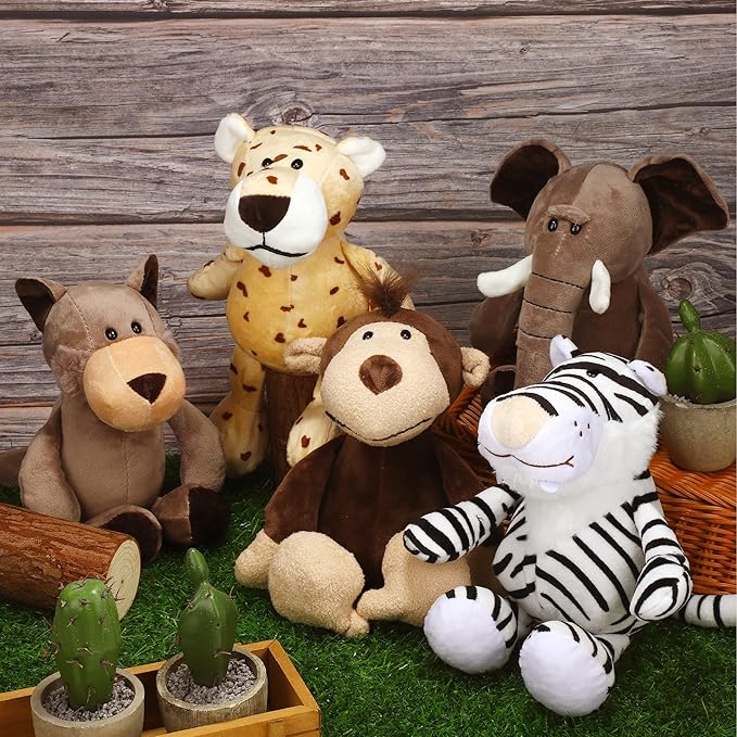 Elcoho 8 Pieces Safari Stuffed Animals Plush Jungle Animal Toys 9.8 Inch Zoo Stuffed Animals Set Cute Plush Toys for Animal Themed Parties Teacher Student Award, 8 Styles