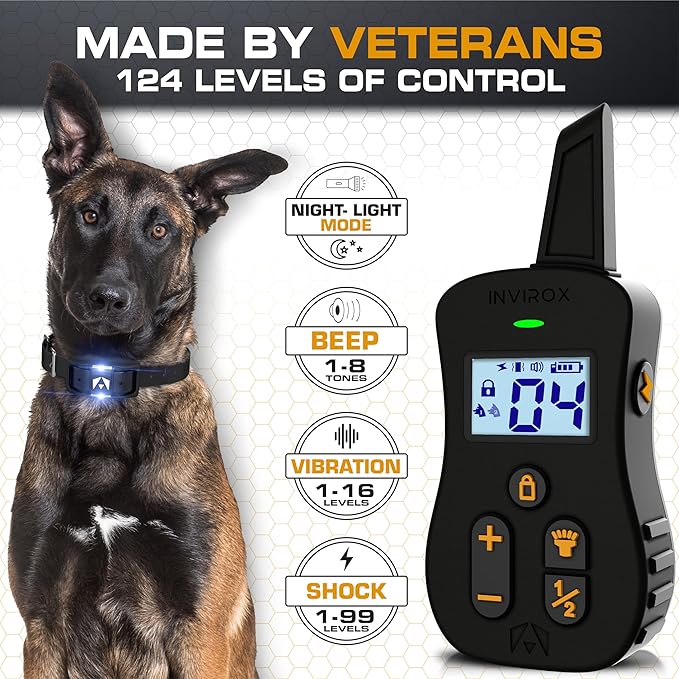 INVIROX Dog Shock Collar [Ultra K9] 124 Training Levels, 4 Powerful Modes with Night-Light and ¾ Mile Range 100% Safe Dog Training Collar for Large Dogs IP67 Waterproof (Double Receiver)