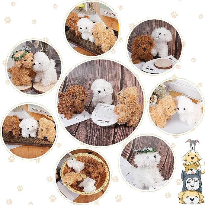 Sumind 9 Pcs 4" 5" Mini Plush Stuffed Dog Party Favor Small Puppy Stuffed Animal Bulk Soft Toy Doll Cute for Kids Gift Graduation Stocking Stuffers Baby Shower Birthday(Curly Puppy)