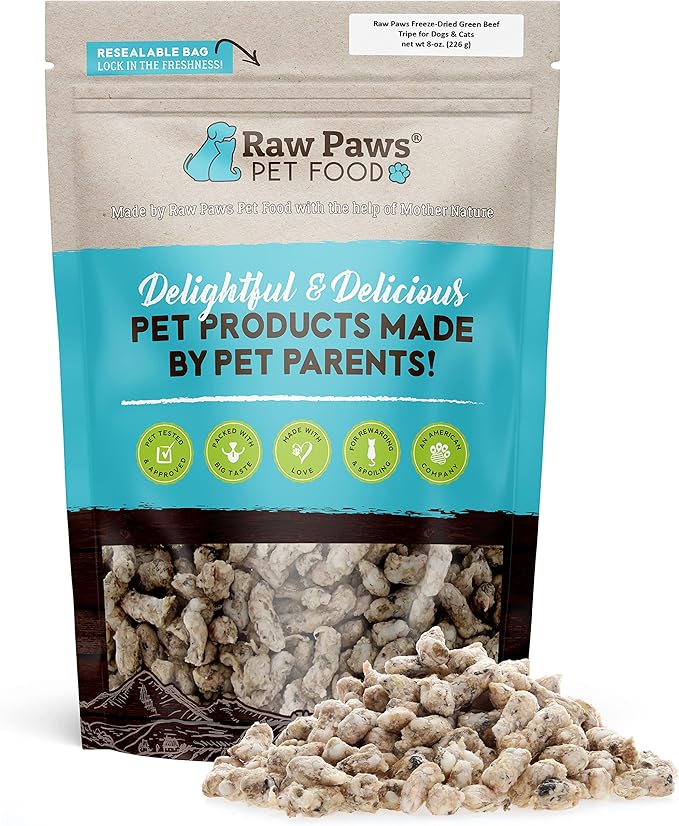 Raw Paws Freeze-Dried Green Beef Tripe for Dogs & Cats, 8-oz - Made in USA - Raw Freeze Dried Dog & Cat Treats - Free-Range Cows - Grain & Wheat Free
