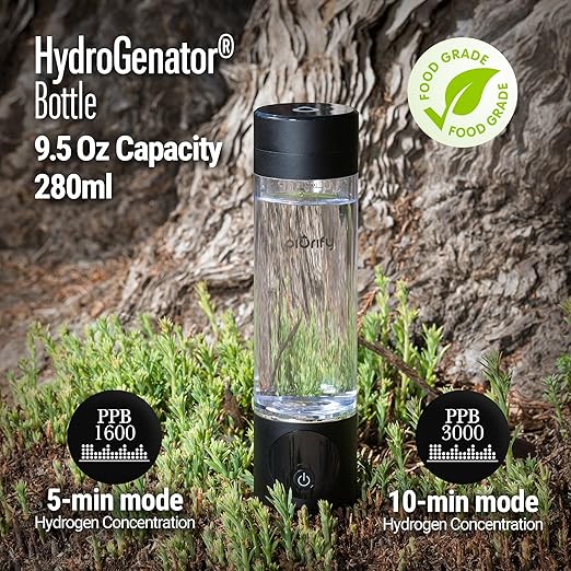 Hydrogen Water Bottle - Onyx. Food Grade Body Tumbler; SPE/pem Technology, Generates Real 3000ppb Pure Hydrogen Rich Concentration, Purification Vent.