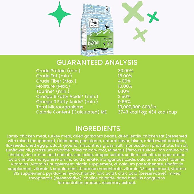 I and love and you Naked Essentials Dry Dog Food - Lamb + Bison - High Protein, Real Meat, No Fillers, Prebiotics + Probiotics, 11lb Bag