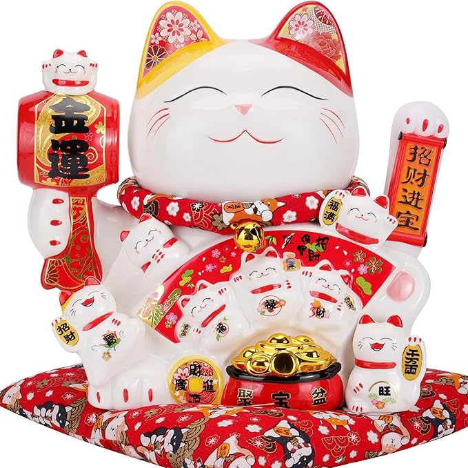 Large Ceramic Maneki Neko Beckoning Lucky Money Cat Waving Arm Good Feng Shui Fortune Happy Smiling Cat Figure 特大招財貓-招財進寶(Good Fortune)