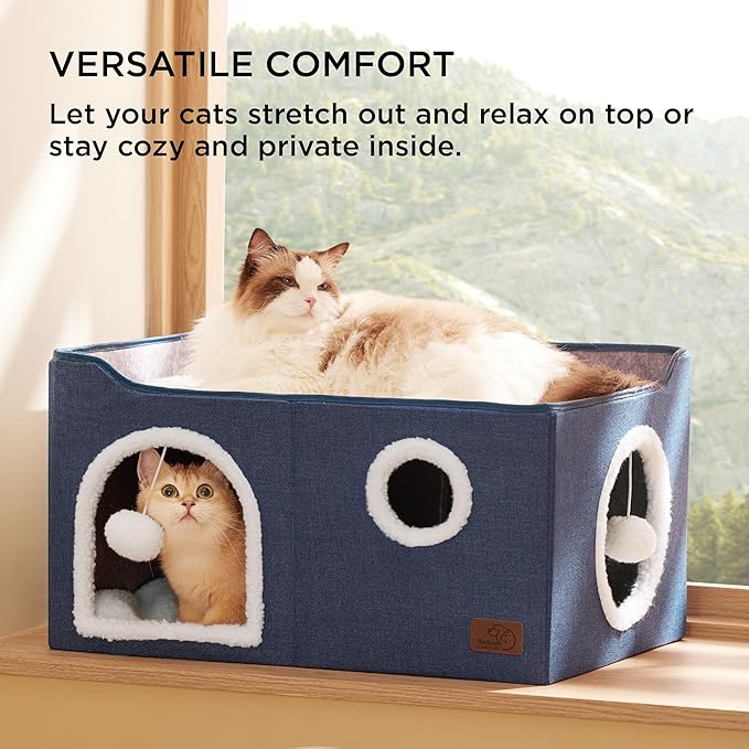 Bedsure Large Cat Beds for Indoor Cats - Extra Wide Cat Cube House for Small Pet with Fluffy Ball Hanging and Scratch Pad, Foldable Pet Cave Hideaway for Multiple Cats, 23.6x16.9x13 inches, Blue