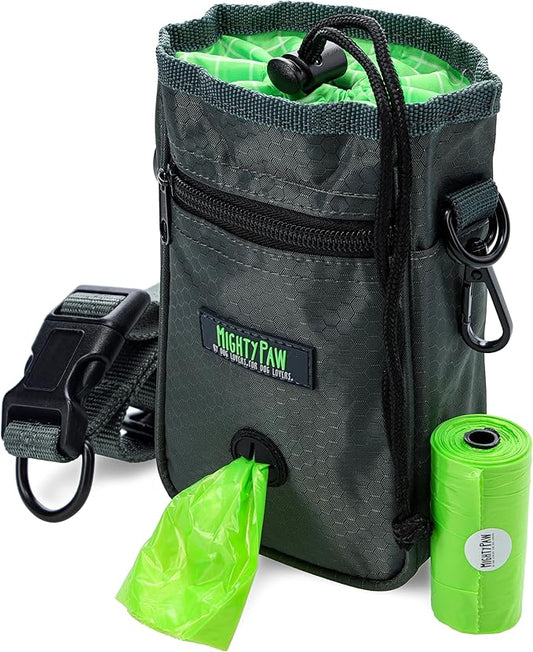Mighty Paw Dog Treat Bag - Drawstring Closure Pouch - Includes Carabiner Hook and Pick-up Bags - Dog Paw Treat Bag - Pet Training Pouch - (Grey/Green)